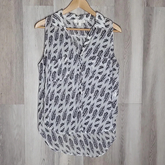🛍Kenar White Black Feather Print Sleeveless‎ Collared Hi Low Blouse Womens L - Picture 1 of 5